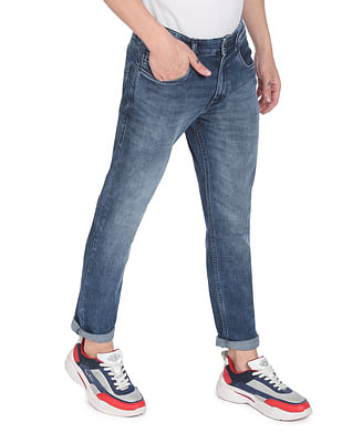 Flying Machine Mid Rise Slash Slim Tapered Fit Stone Wash Jeans