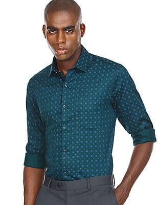 Dark Green Printed Cotton Formal Shirt 