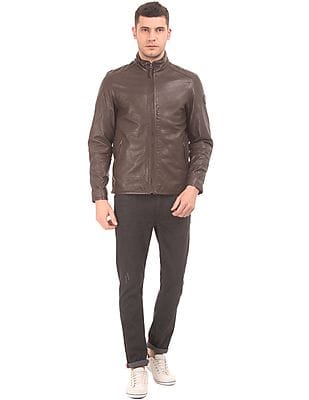 polo and leather jacket