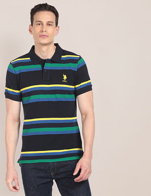 U S Polo Assn Men Navy Horizontal Stripe Cotton Polo Shirt