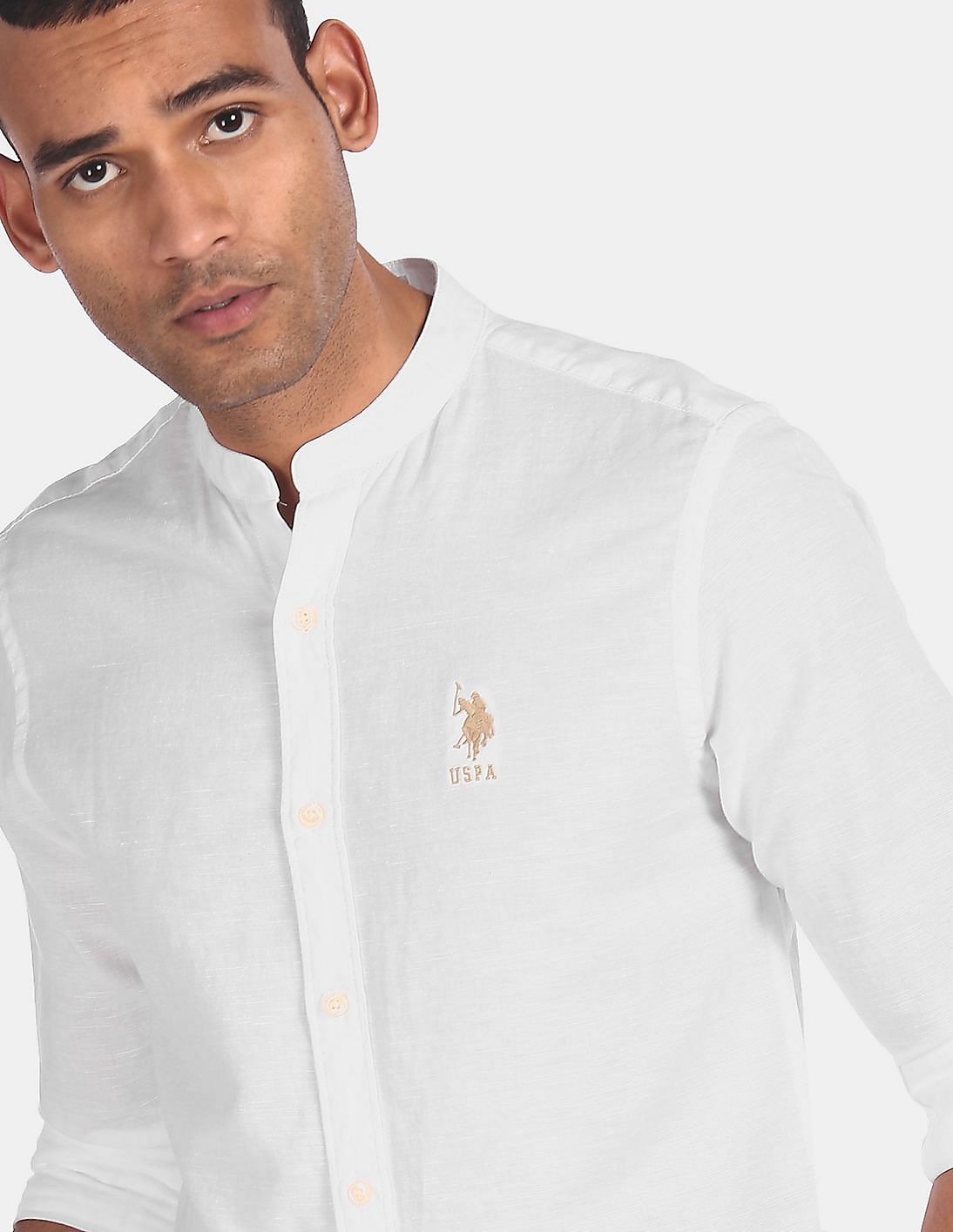 Buy U.S. Polo Assn. Men White Mandarin Collar Solid Casual Shirt ...