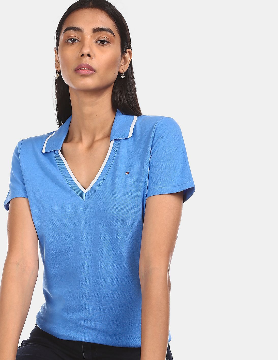 Buy Tommy Hilfiger Women Blue Split V-Neck Solid Polo Shirt - NNNOW.com
