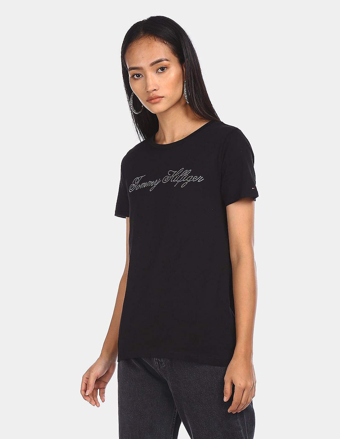 Buy Tommy Hilfiger Women Black Round Neck Bling Logo T-Shirt