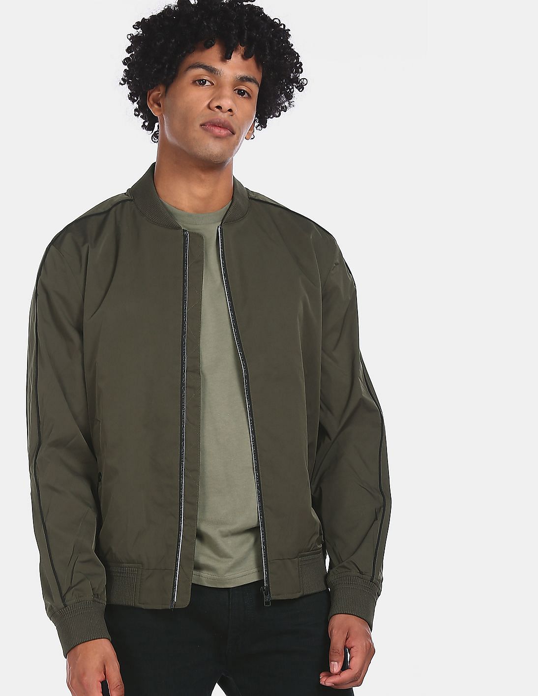 Buy Calvin Klein Men Olive Stand Collar Solid Bomber Jacket - NNNOW.com