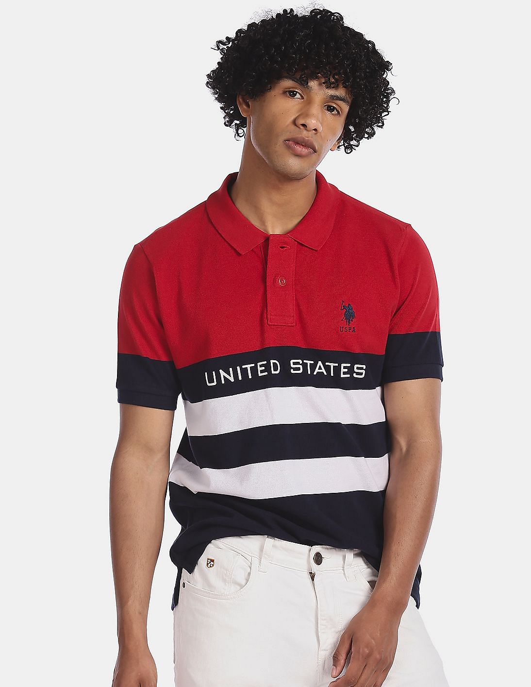 Buy U.S. Polo Assn. Men Red And Navy Embroidered Logo Striped Pique ...