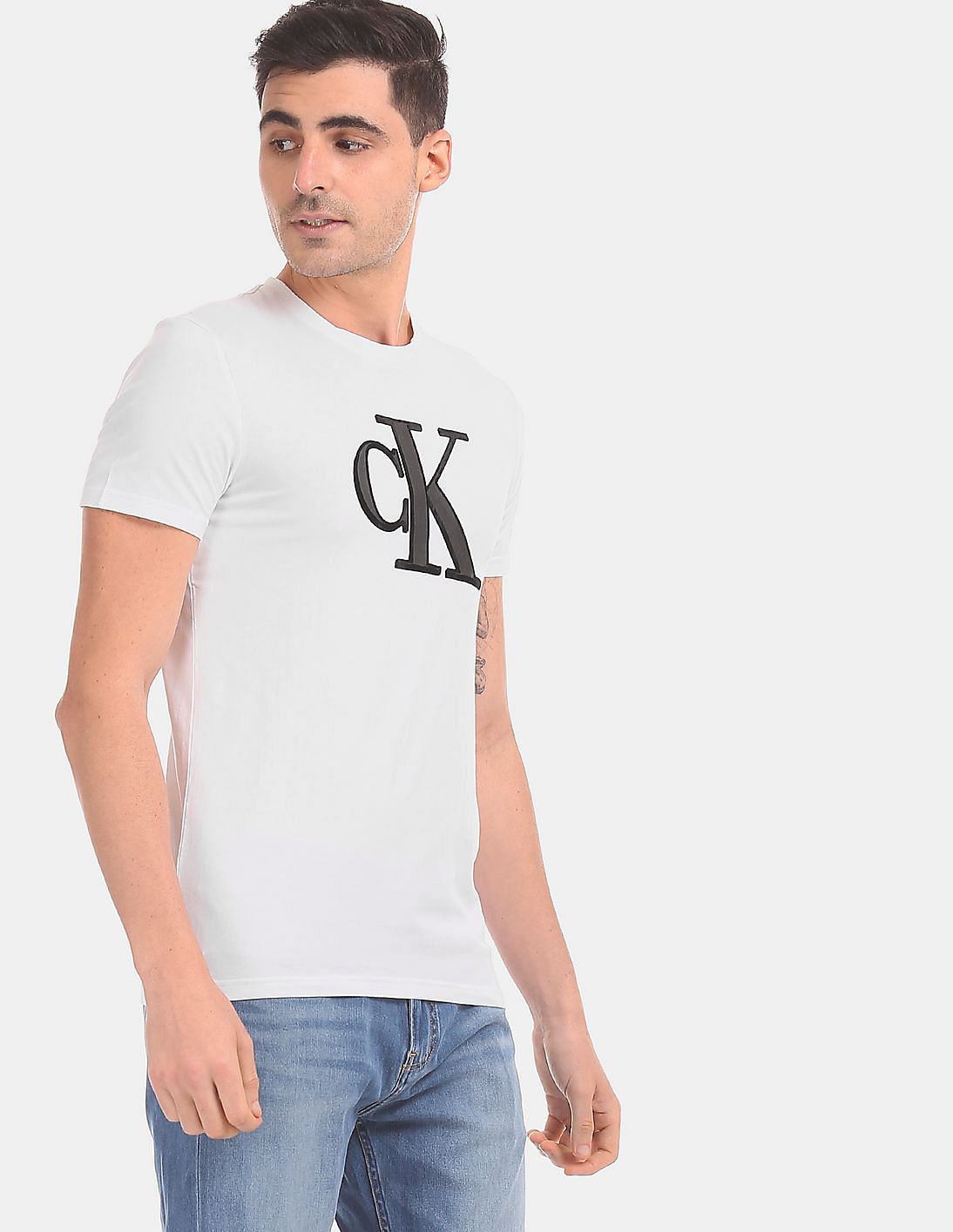 Buy Calvin Klein Men White Flocked Monogram Logo Crew Neck T-Shirt ...