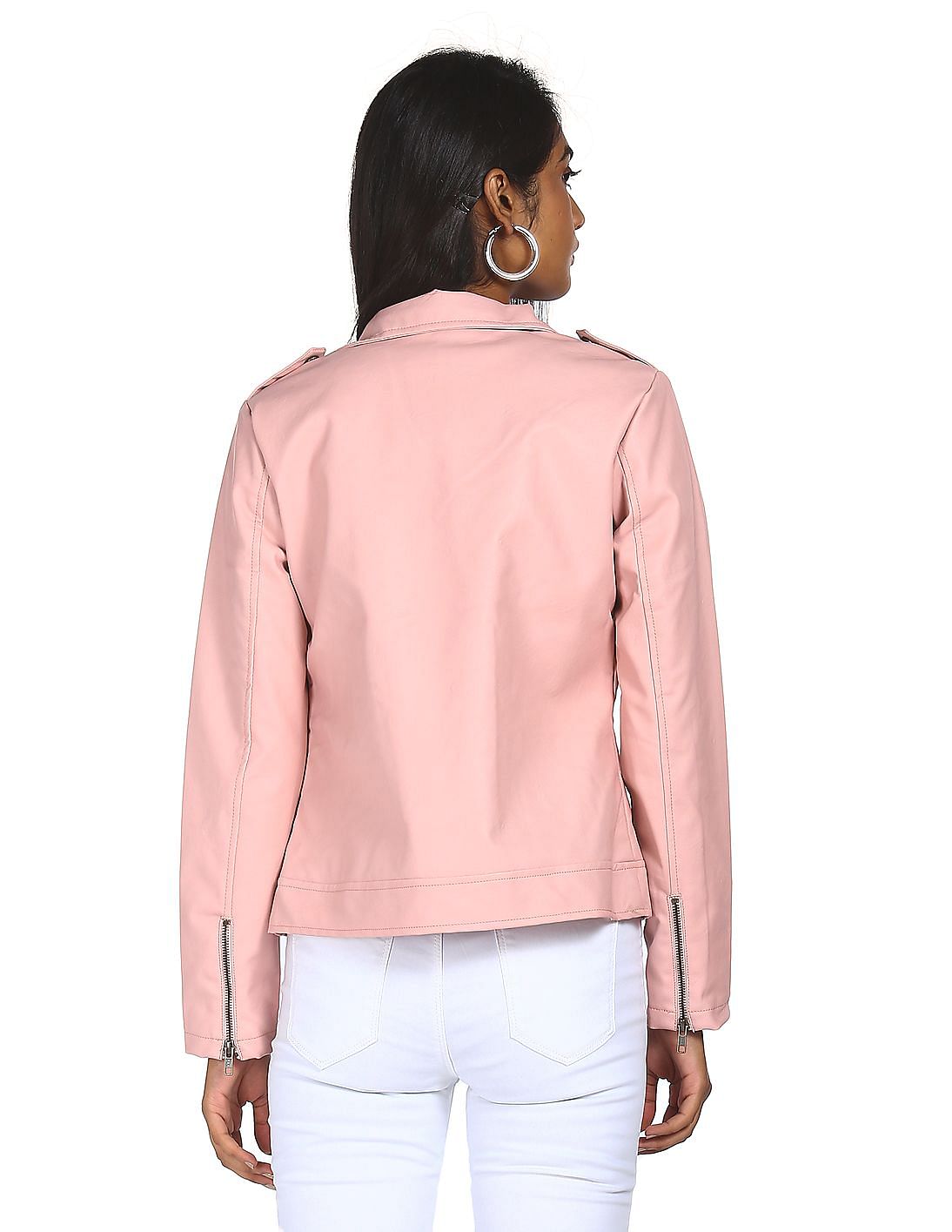Buy Flying Machine Women Notch Lapel Collar Solid Biker