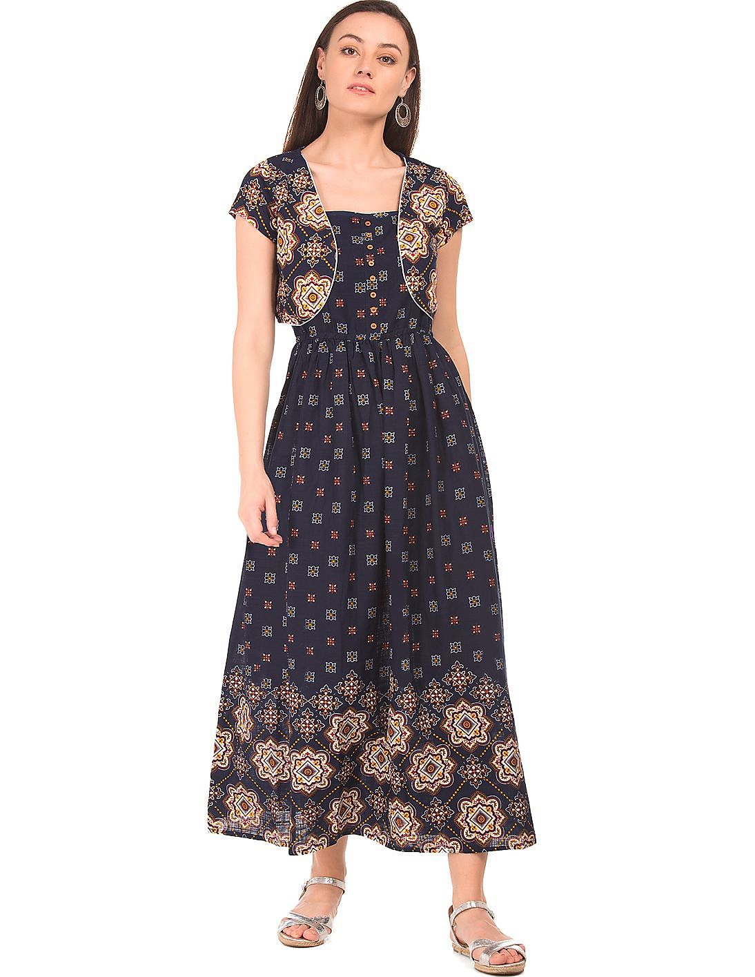 Buy Bronz by Unlimited Printed Maxi Dress With Shrug