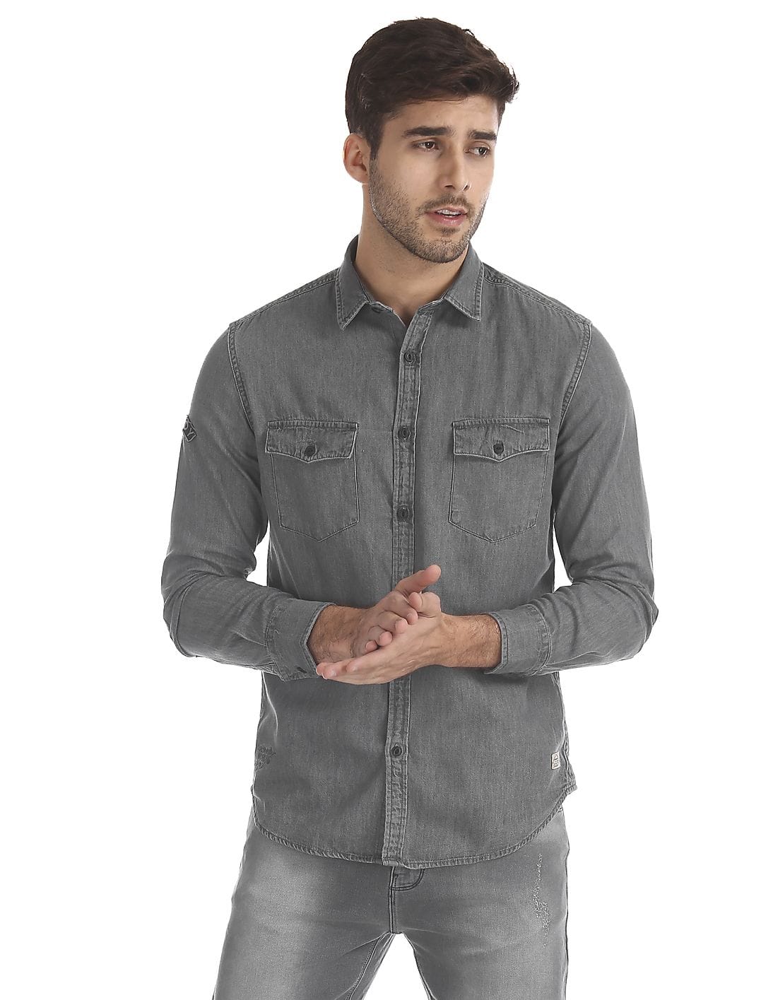 Buy Men Grey Cargo Denim Shirt online 