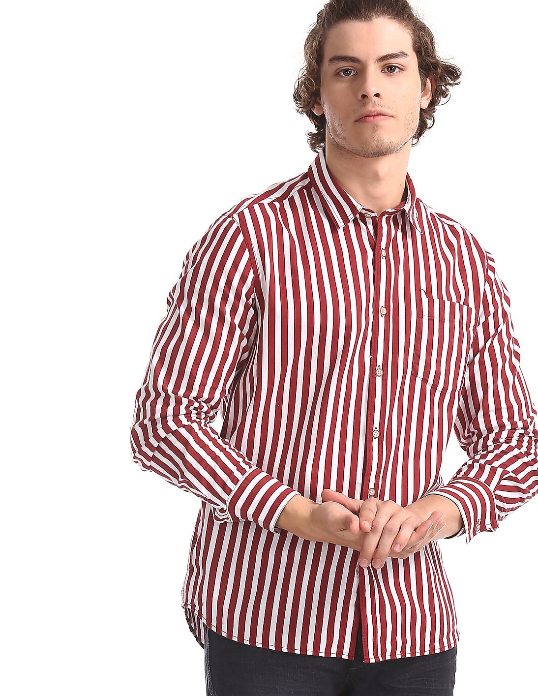 Buy Men Red And White Vertical Stripe Cotton Shirt online at NNNOW.com