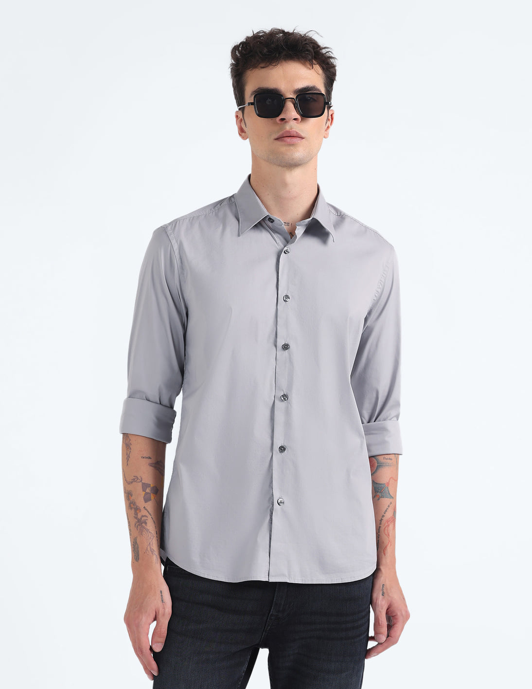 Jack Martin Men's Ash Grey Oxford Pin Collar Slim Fit Shirt – 100% Cotton With Free Collar Bar