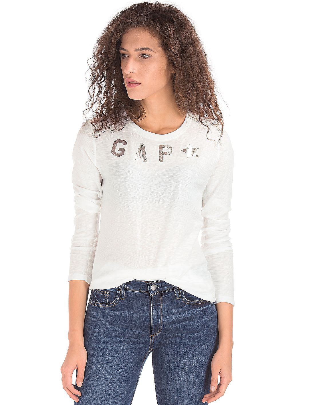 Buy GAP Women White Metallic Stud Logo Long Sleeve Tee - NNNOW.com