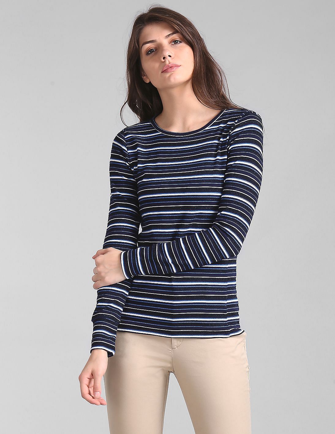 Buy GAP Women Blue Feather Weight Ribbed Stripe Long Sleeve Crew Neck T ...