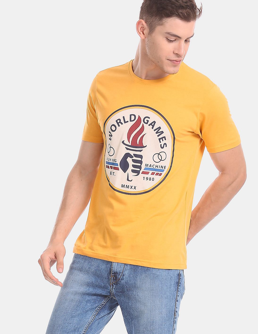Buy Flying Machine Men Yellow Crew Neck Printed Front T-Shirt - NNNOW.com