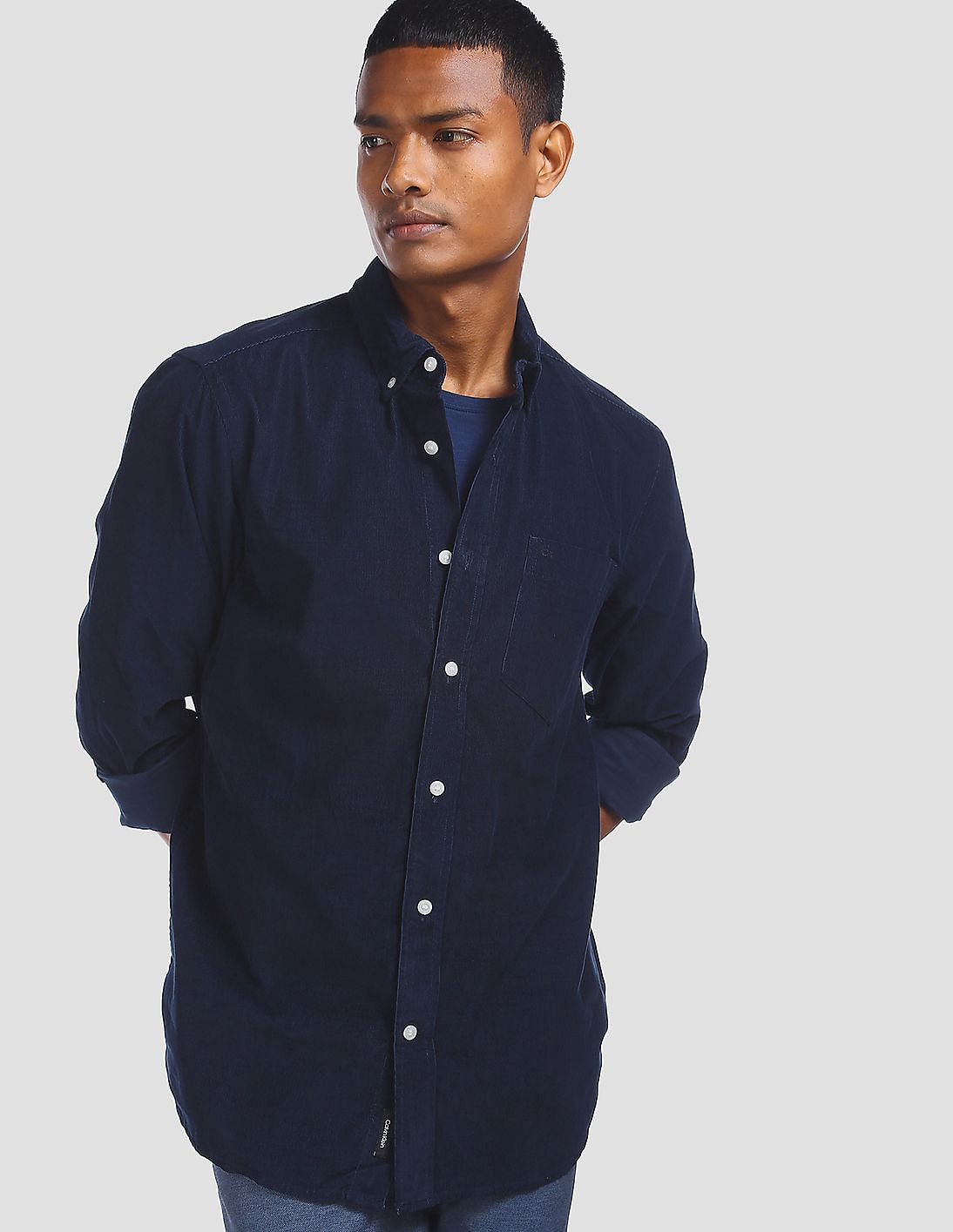 Buy Calvin Klein Men Navy Button-Down Collar Solid Fine Corduroy Shirt ...