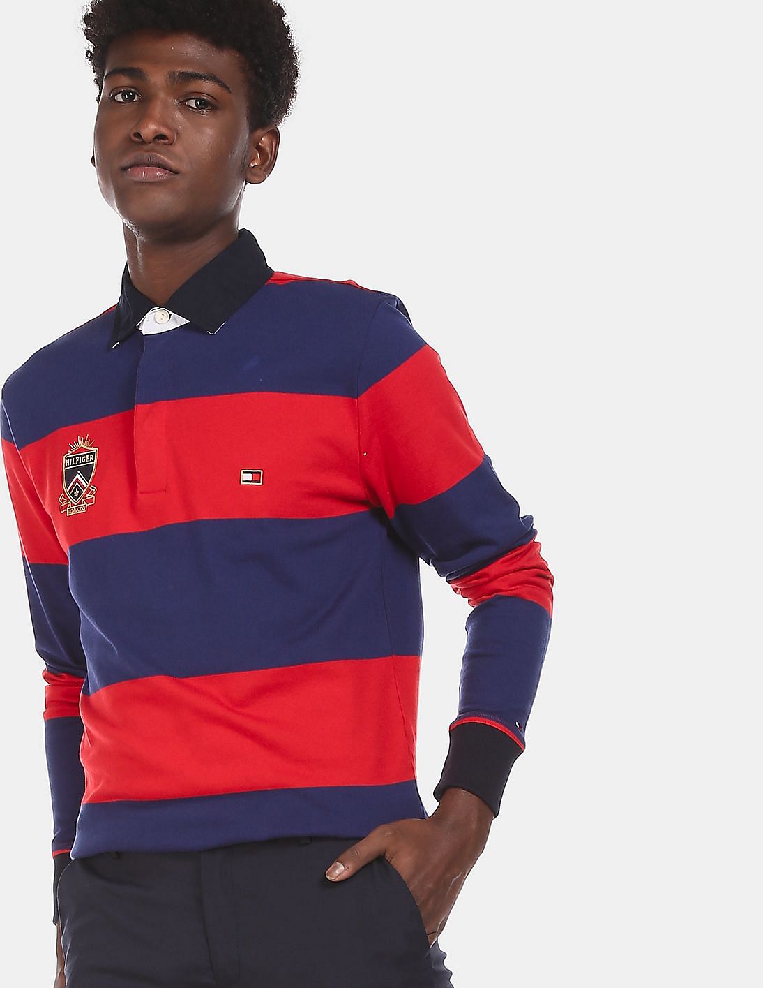 Buy Tommy Hilfiger Men Red And Blue Shirt Collar Stripe Rugby ...
