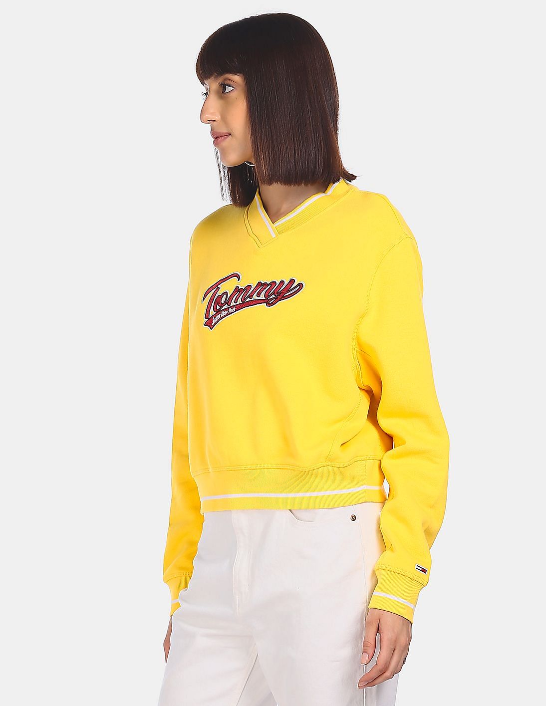 Tommy Logo Sweatshirt Buy Women Yellow Hilfiger V-Neck Appliqued