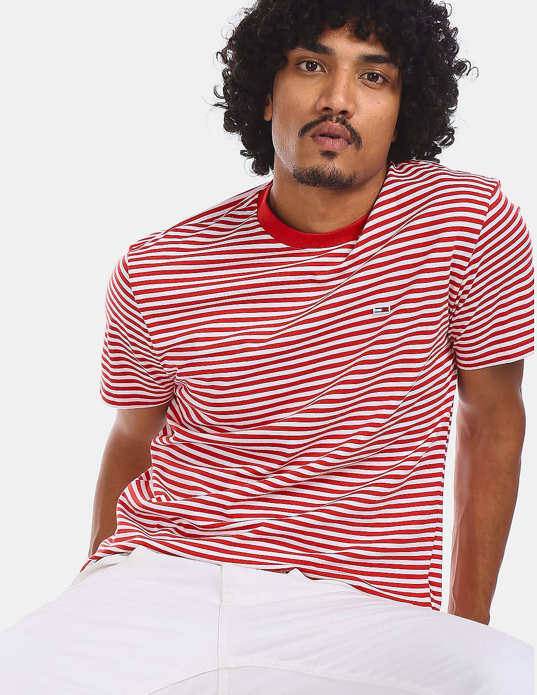 Buy Tommy Hilfiger Men Red And White Crew Neck Classic Stripe T-Shirt ...