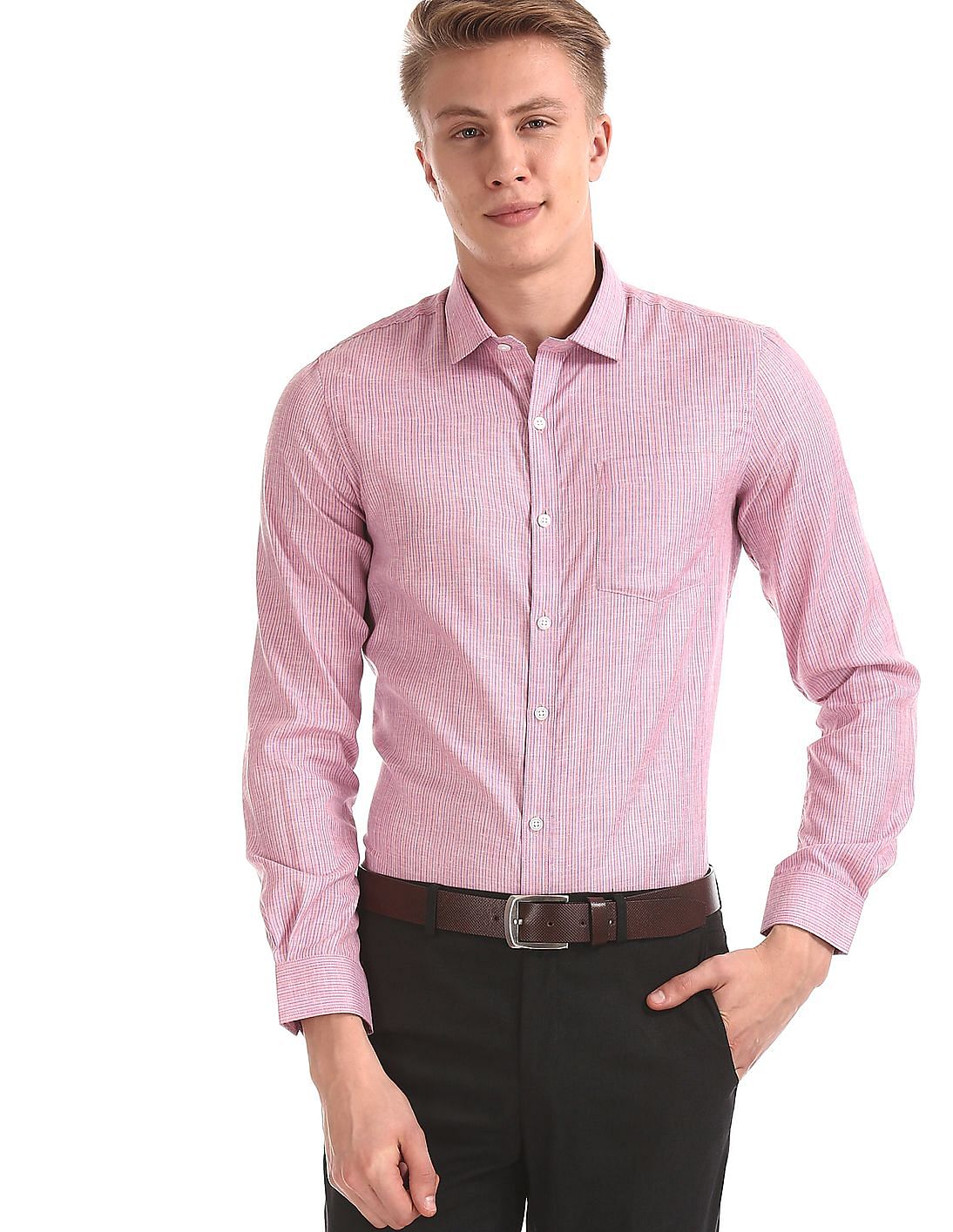 Buy Excalibur Pink Semi Cutaway Collar Vertical Stripe Shirt - NNNOW.com
