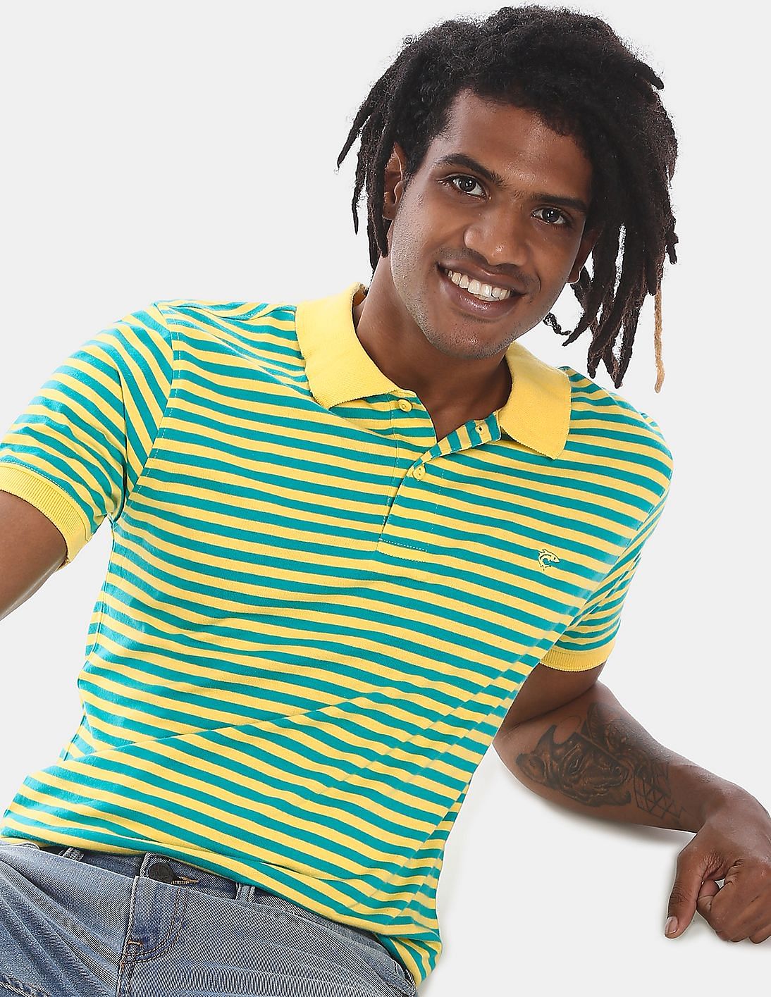 Buy Ruggers by Unlimited Men Yellow And Aqua Short Sleeve Striped Pique ...