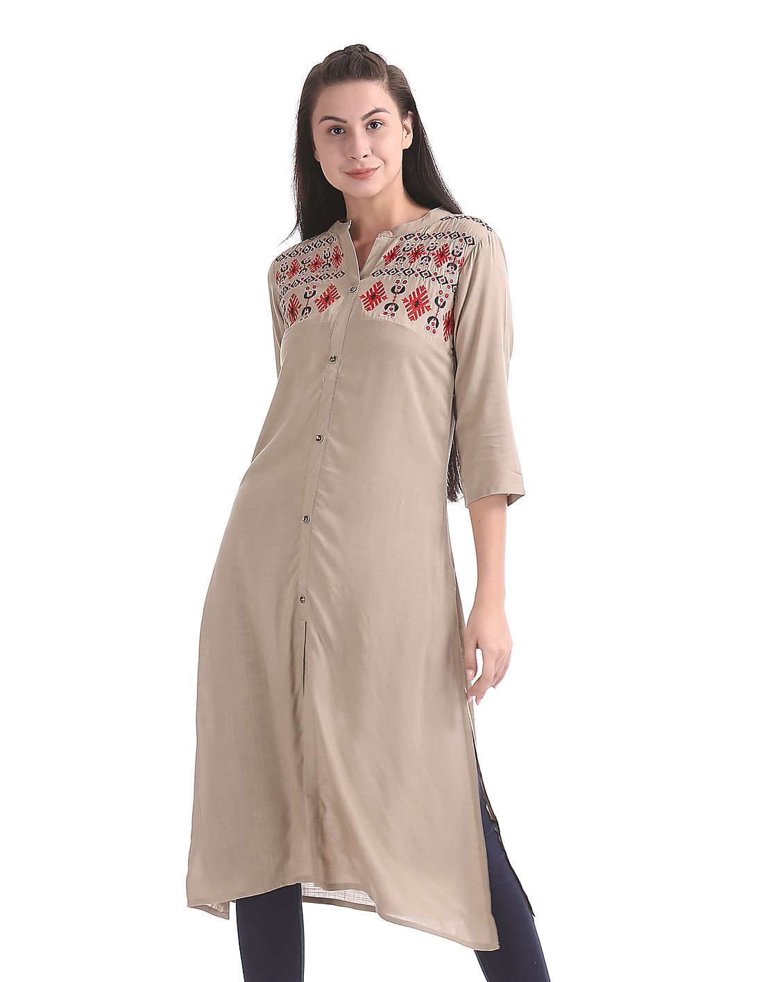 Buy Karigari Mandarin Collar Floral Embroidered Kurta