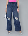 Flying Machine Women High Rise Wide Leg Distressed Jeans