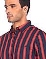 Aeropostale Men Dark Blue And Coral Spread Collar Striped Casual Shirt